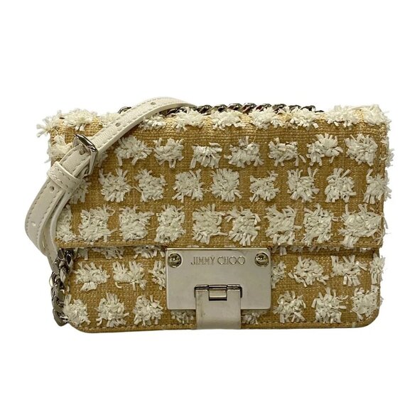 Auth JIMMY CHOO Lever Beige White Straw Leather Shoulder Bag - Picture 1 of 11